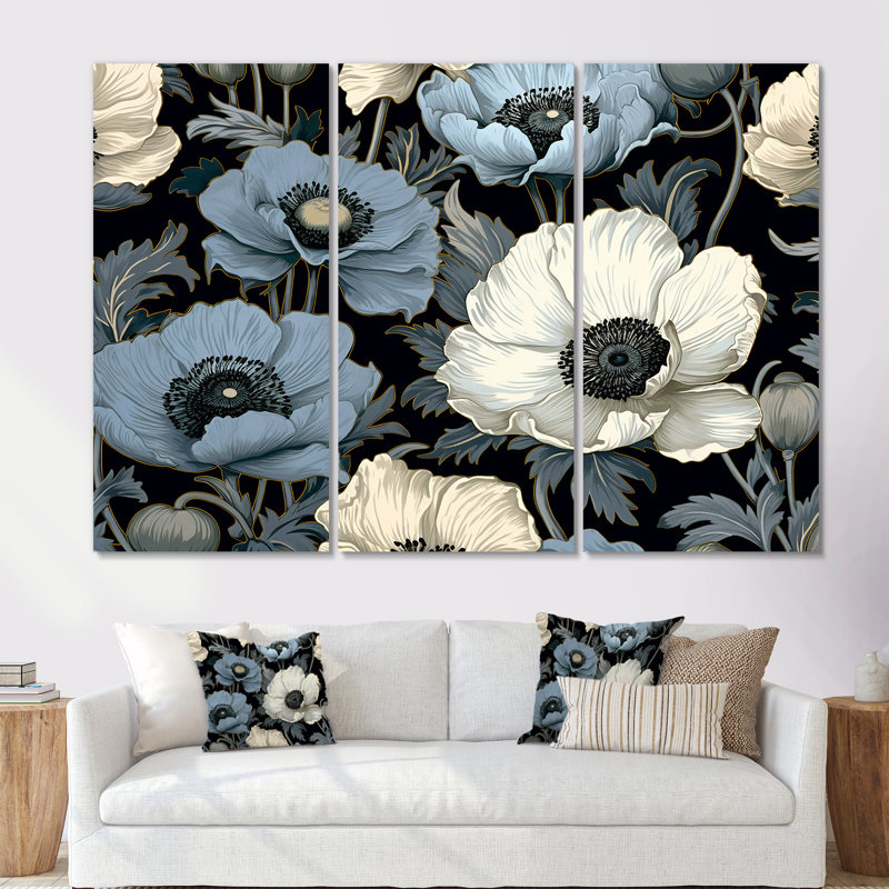 Ensemble de salon Euphoria bleu et gris coquelicots I - Fleurs, Toile tendue, H 40 po x l 60 po x P 1 po