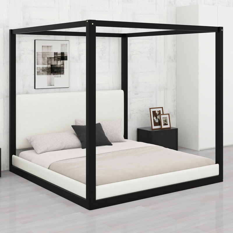 Lit plateforme en bois de style baldaquin, tête de lit tapissier pour plus de confort et de style, Black Frame+White Fabric