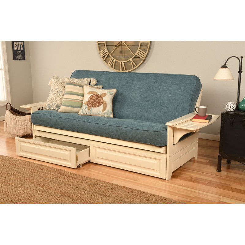 Ensemble de futon avec matelas et tiroir 80 po Johnte, Lin microsuède turquoise, À ressorts, Blanc antique