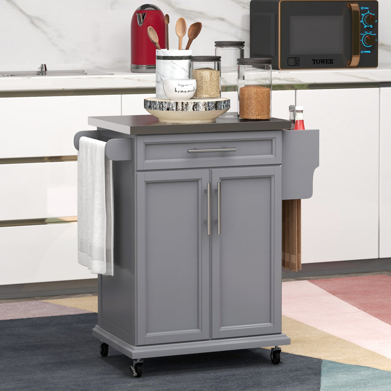 Îlot de cuisine portable avec roulettes, comptoir en acier inoxydable - tiroir gris, porte-serviettes et comptoir à poche à épices, chariot utilitaire