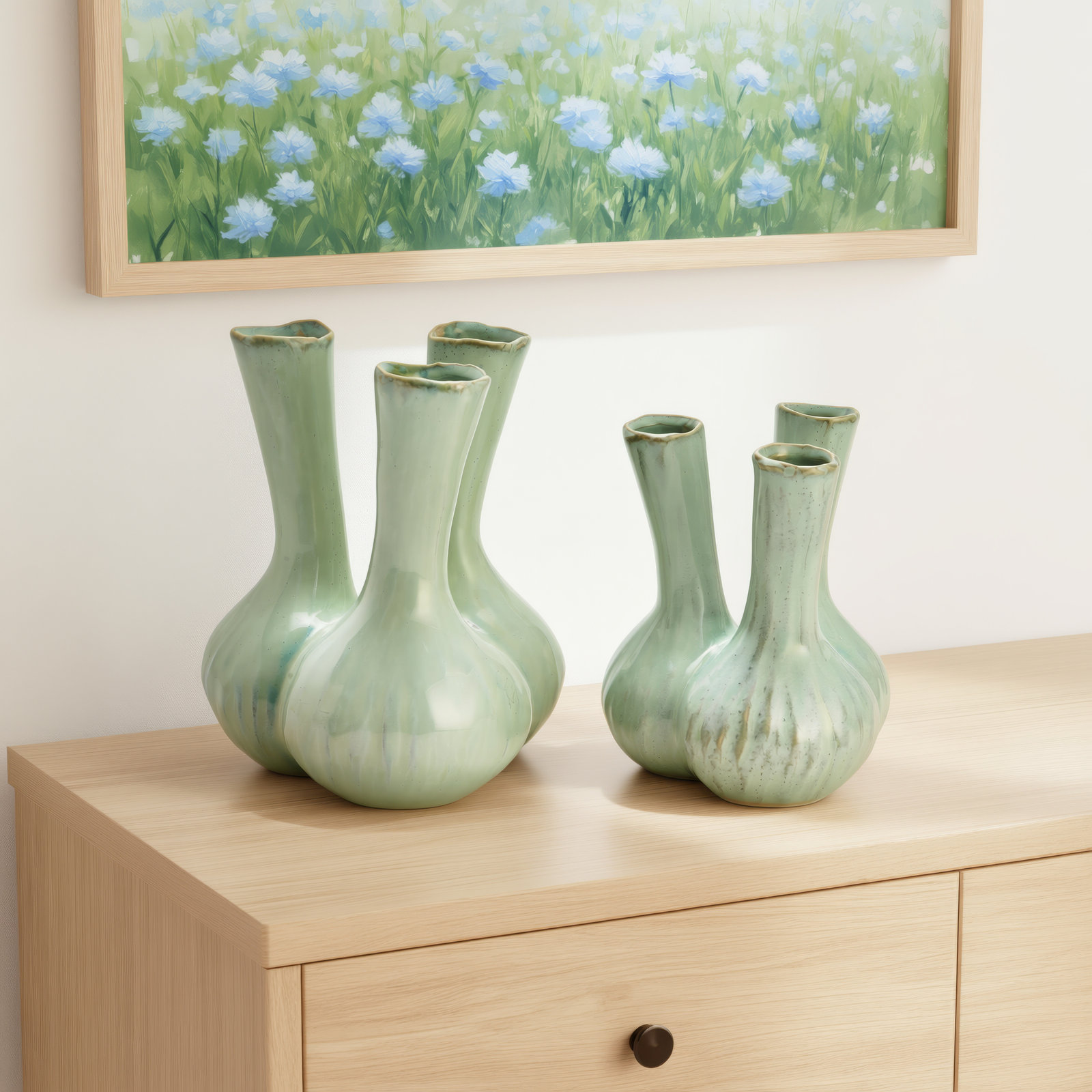 Set Of 2 Celadon 3 Stem Vase