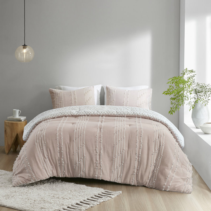 Blush Cotton Jacquard Full Comforter Set with Reversible Design