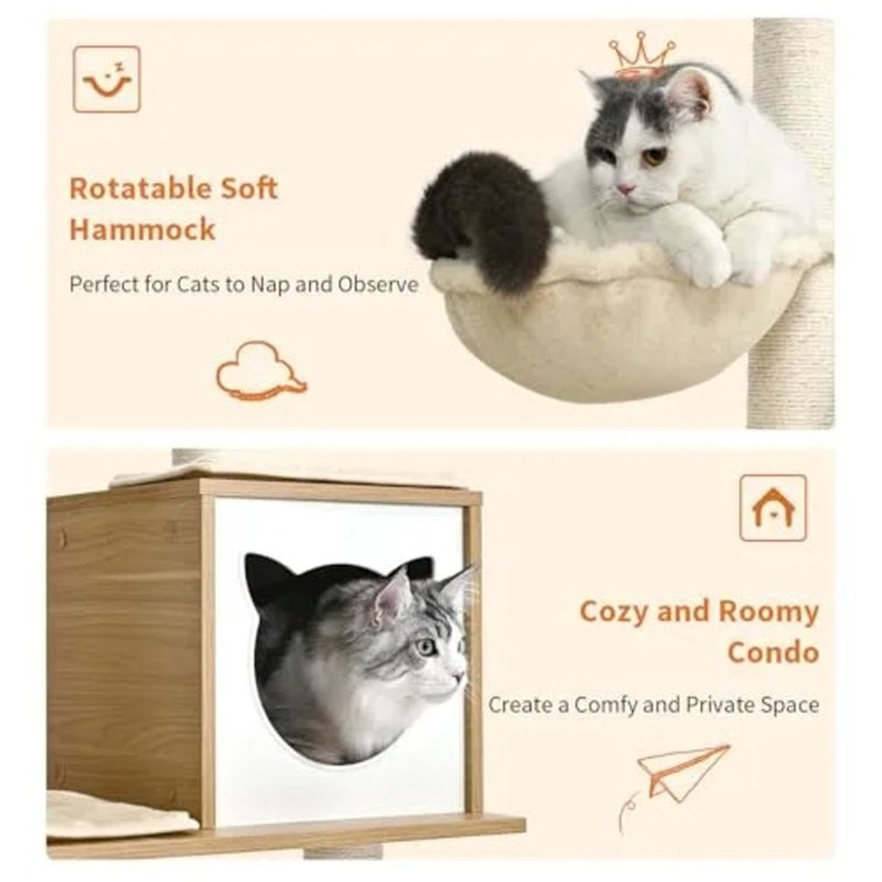 Arbre à chat de 65 po de hauteur pour chat d'intérieur, tour à chat en bois moderne avec hamac, poteau à griffer et coussins amovibles pour petits et grands chats