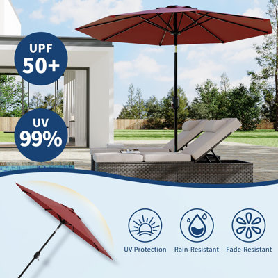 9Ft Patio Umbrella - 8 Sturdy Ribs Outdoor Table Umbrella Market Umbrella with Crank Lift & Push Button Tilt for Pool, Deck, Yard, Garden - Red