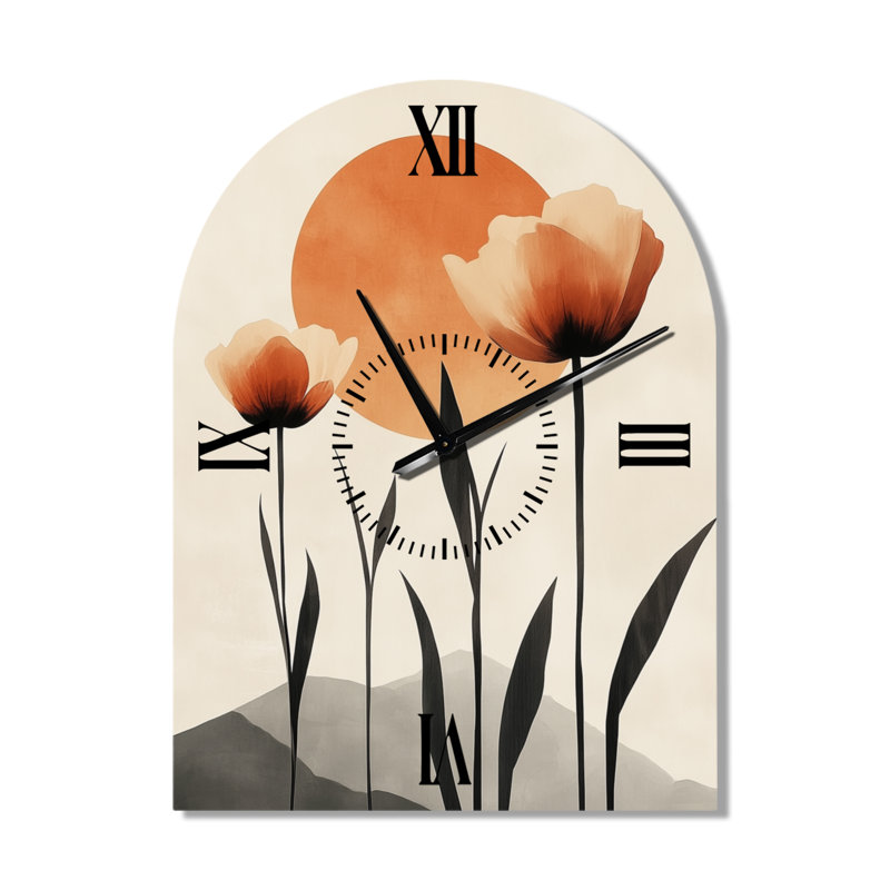 Tulipes du milieu du siècle au soleil - Horloge murale en métal orange de style Mid-Century Arch, H 31 po x l 23 po - Arche