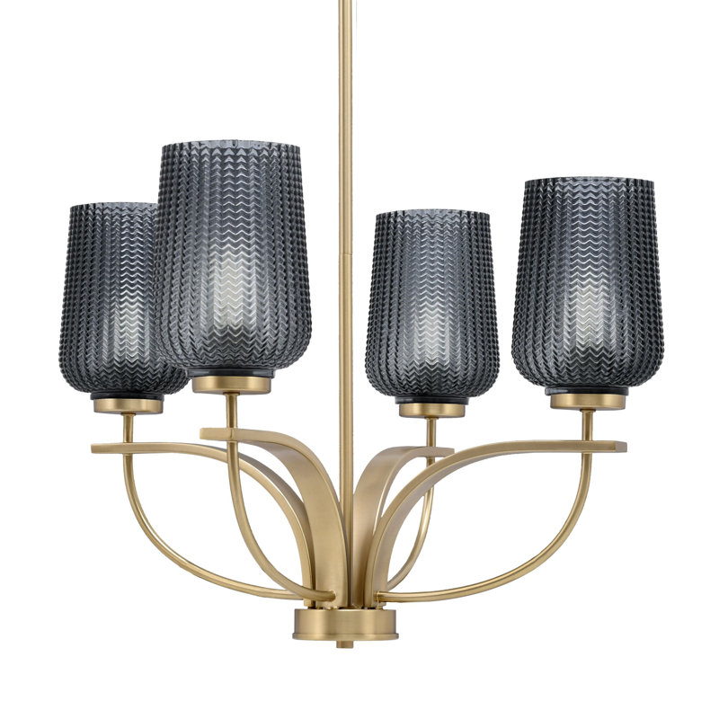 Lustre 4 lumières verticales Unia présenté en finition New Age avec verre texturé fumé de 5 po