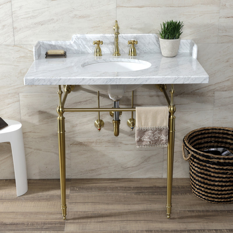 Kingston Brass Habsburg 36-Inch Carrara Marble Console Sink with Brass Legs (8-Inch, 3-Hole), Marble White/Matte Black