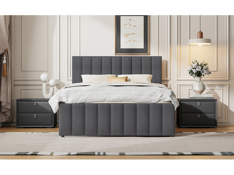 Lit plateforme tapissier avec gigogne et 3 tiroirs, Gris