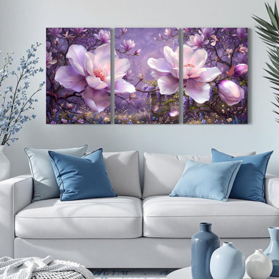 Mauve fleur de magnolia sur toile tendue, ensemble de 3 reproductions de peintures à l'huile pour salon