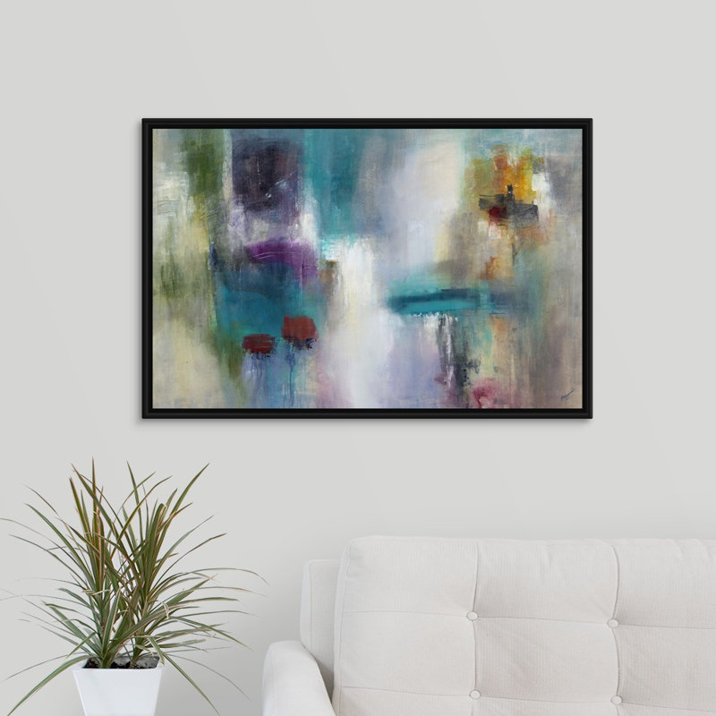 « turquoise rétablissement », peinture sur toile, Cadre flottant noir, H 21,7 po x l 31,7 po x P 1,75 po