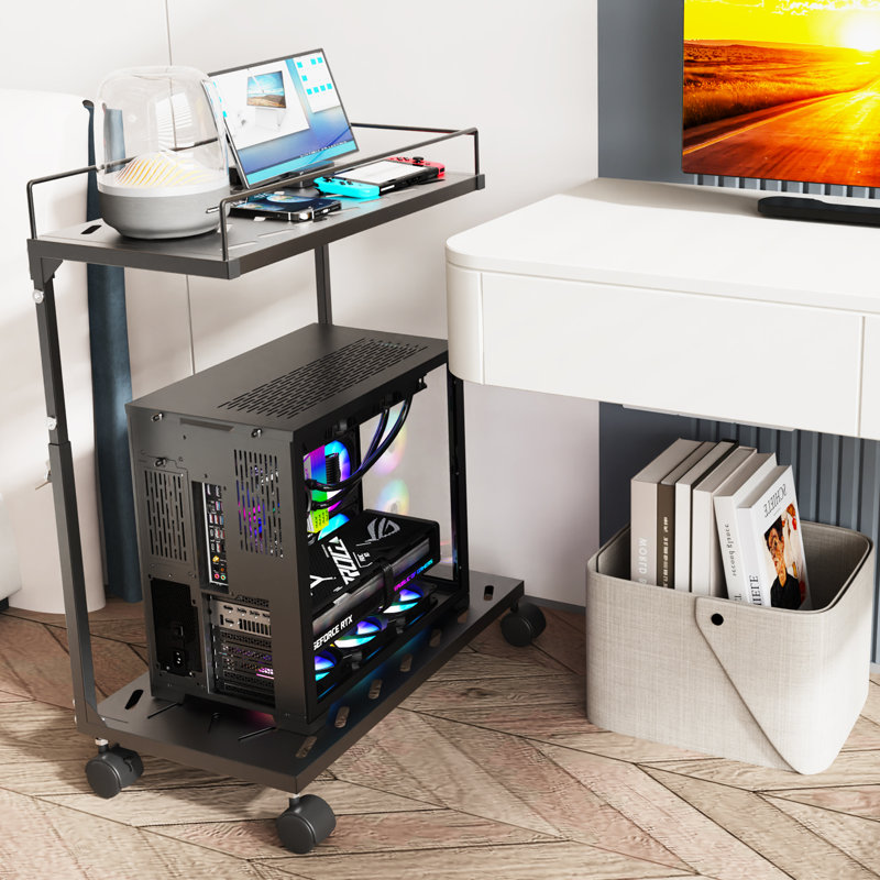 Adjustable CPU Holder Rolling Computer Tower Stand, 150lbs Heavy Duty 2-Tier Mobile PC Cart with Lockable Casters & Ventilated Shelves, Height & Width Adjustable Under Desk Stand for Home Office Gaming, Black