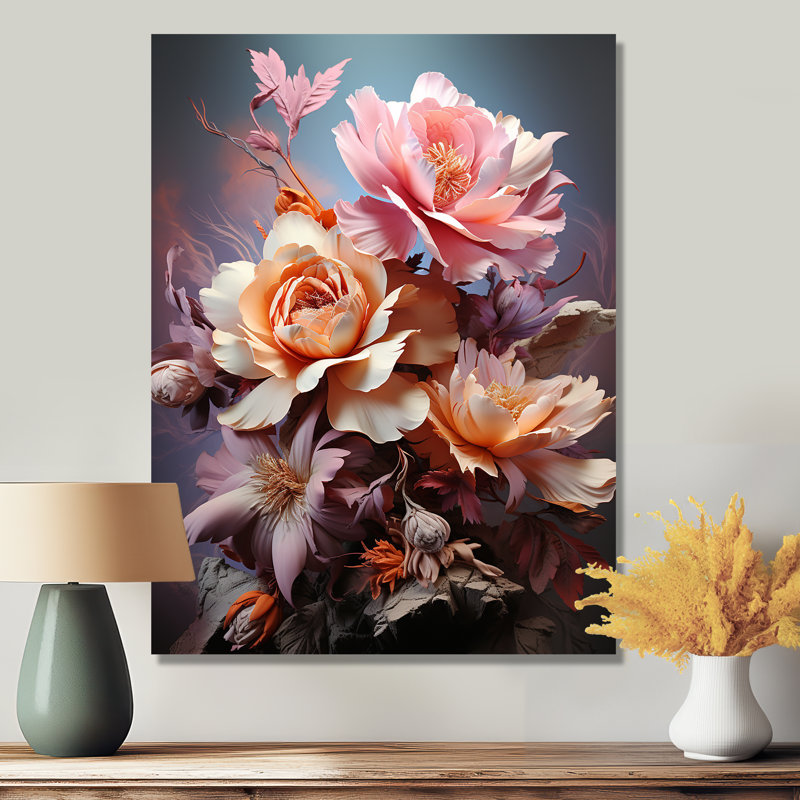Dahlia rose et orange rétro gros plan - art mural Dahlia, Métal métal, H 20 po x l 12 po x P 1 po