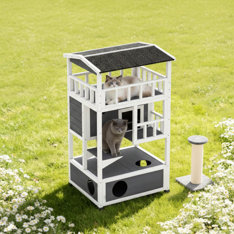Abri extérieur en bois conçu pour les chats de la communauté ou sauvages.