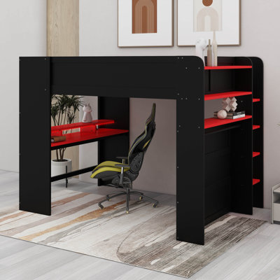 Lit superposé double en bois pleine grandeur avec bureau à hauteur réglable, garde-robe, rangement spacieux et lumière RVB