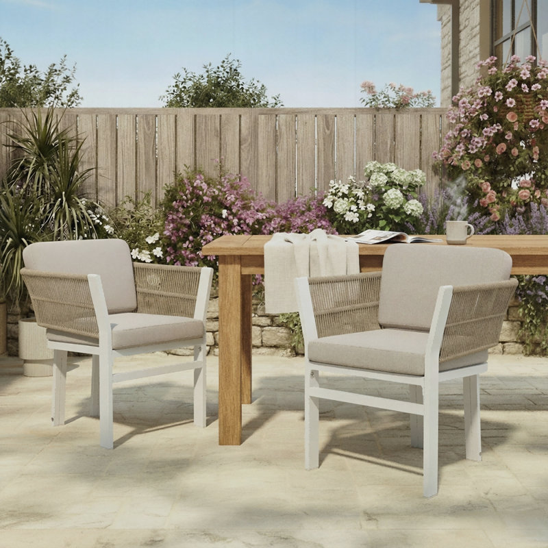 Chaise de salle à manger d'extérieur (ensemble de 2), Coussin beige / cadre blanc / brun