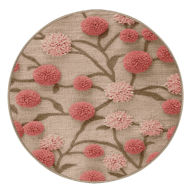 Tapis botanique beige lavable à la machine, Rond 4 pi