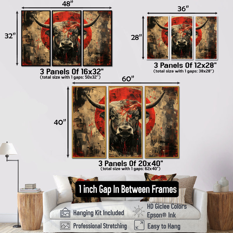 Taureau rouge «Astrology Bulls Courage» - ensemble d'art mural bovins, H 28 po x l 36 po, Cadre flottant noir