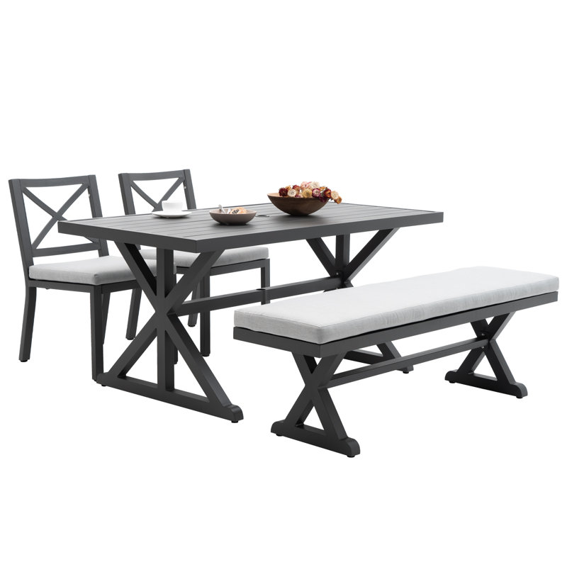 Ensemble de salle à manger d'extérieur 4 pièces pour 4, table rectangulaire de 63 po avec 2 chaises et banc, gris