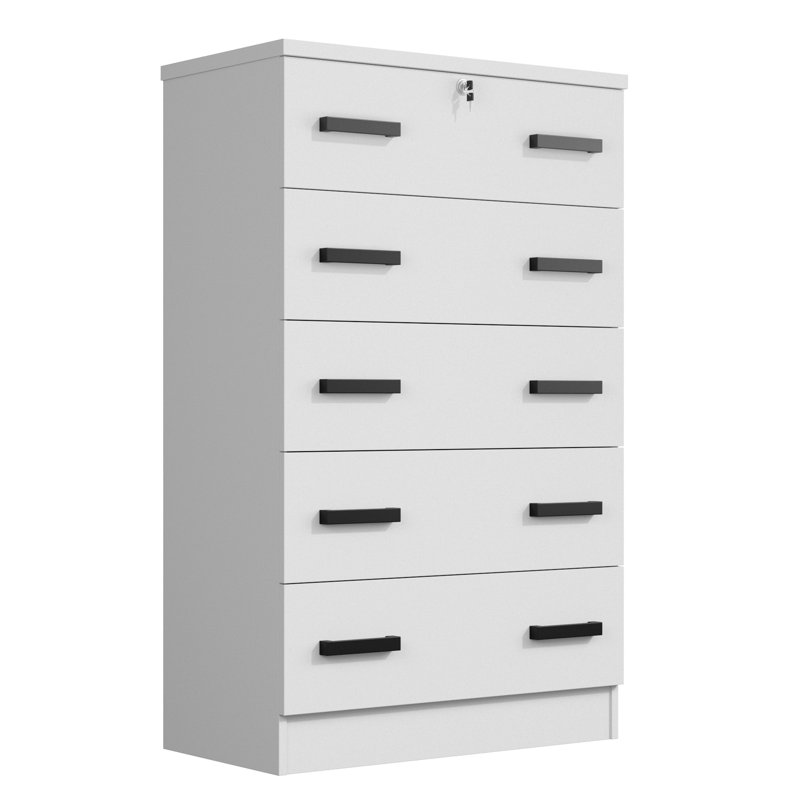Commode 5 tiroirs en bois avec serrure Basurto, Blanc