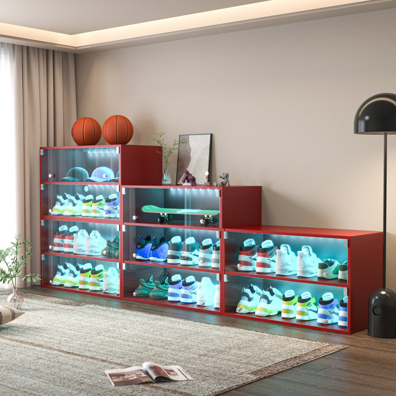 Led Shoe Box Cabinet With Red Lighting & Glass - Stores 9 Sneakers, Wall Mountable, American Design, Wood Storage Accommodates Pairs, Sliding Door