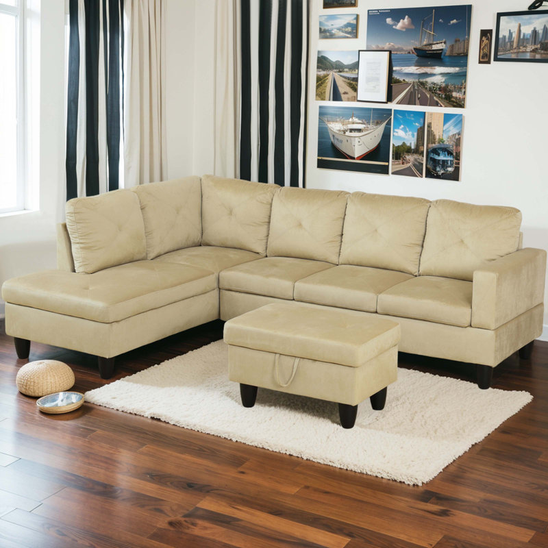 Canapé et méridienne avec repose-pieds Halid, Orienté vers la gauche, Beige Fabric