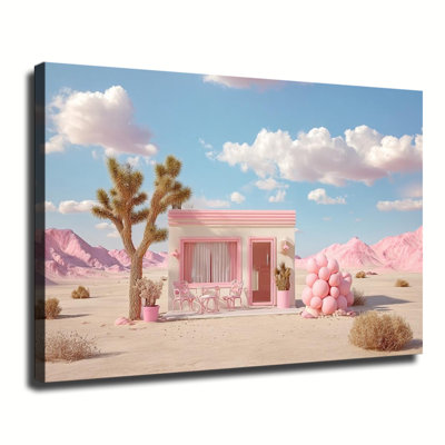 «Pastel Desert Tiny Retro House With Joshua Tree», reproduction d'art sur toile tendue avec châssis pour salon, chambre à coucher