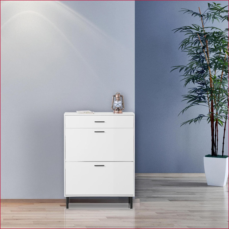 Range-chaussures, organisateur autoportant moderne avec 2 tiroirs rabattables Pieds en métal, l 31,5 po x P 9,84 po x H 43,3 po | Blanc cassé | Hall d'entrée