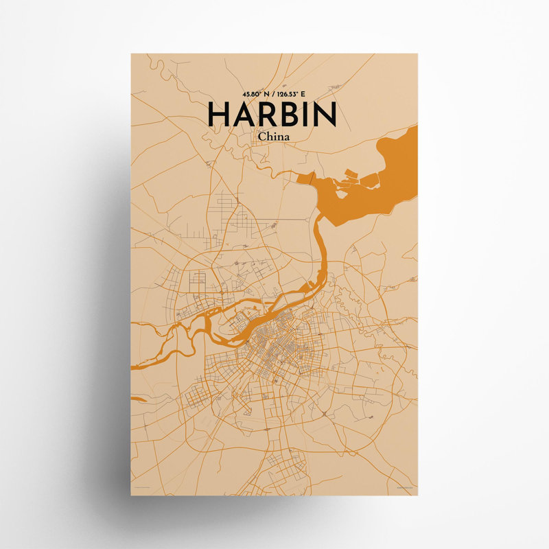 «Harbin City Map», impression, H 17 po x l 11 po, Orange / or pâle