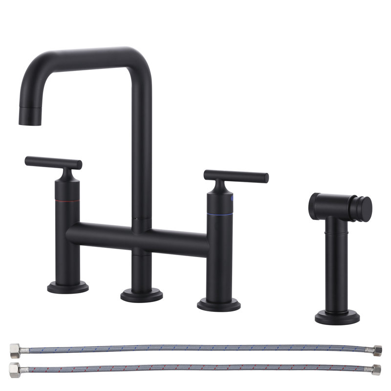 Brass 8" Deck Mount Bridge Kitchen Faucet With Brass Pull Out Side Sprayer, 4-Hole Double Handle Ktichen Faucet, Matte Black