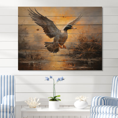 Vintage Duck Flight At The Pond II - Duck Animal On Wood Print
