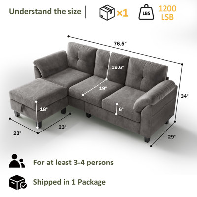 L-Shaped Sofa With Reversible Chaise, Convertible Couch With Washable Covers, Compact Living Room Furniture For Apartments & Small Spaces