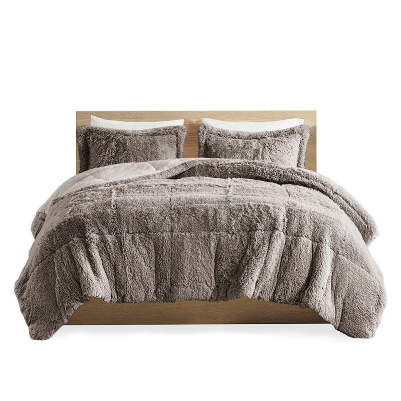 Édredon simple / simple TG - Gris à poils longs, rembourré, revers pour une nuit de rêve paisible