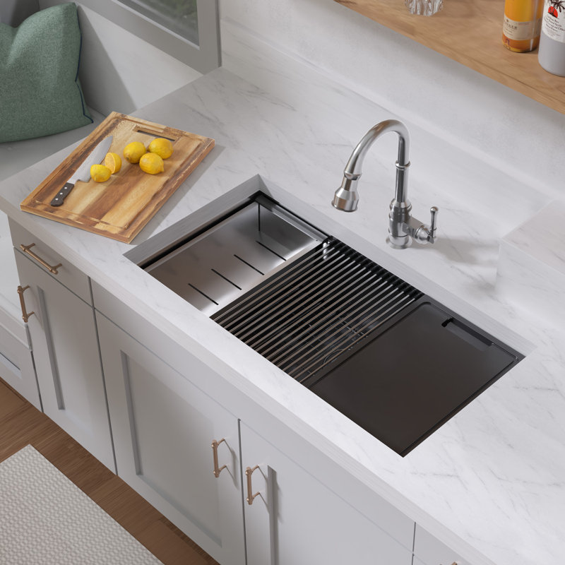 Whitehaus 36" Undermount Single Bowl 16 Gauge Brushed Stainless Steel Workstation Sink With Accessories, 36"