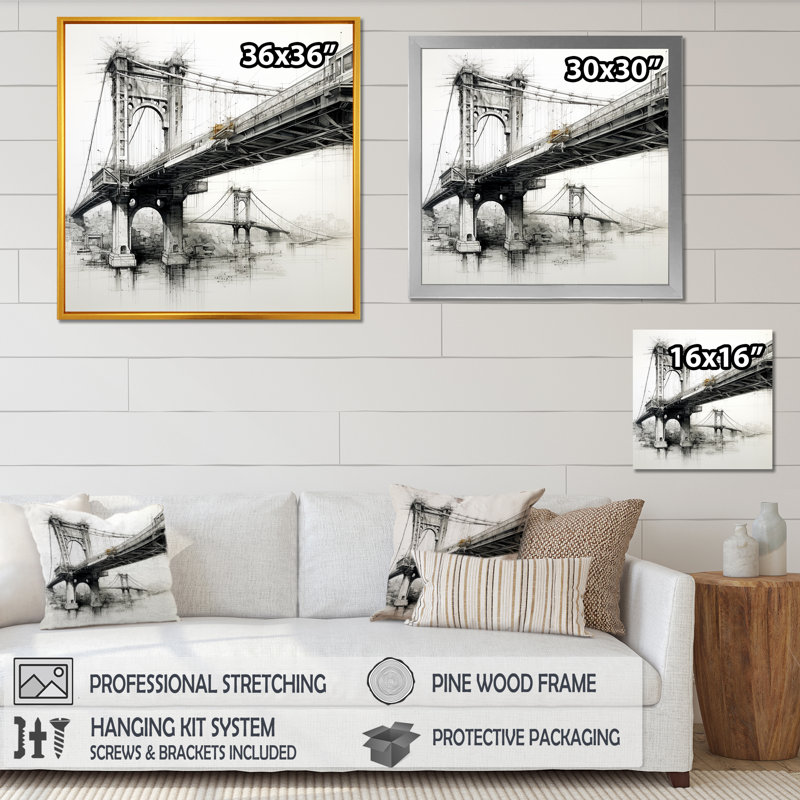 Dessin d'analyse d'un pont sur toile, Cadre simple noir, H 16 po x l 16 po x P 1 po