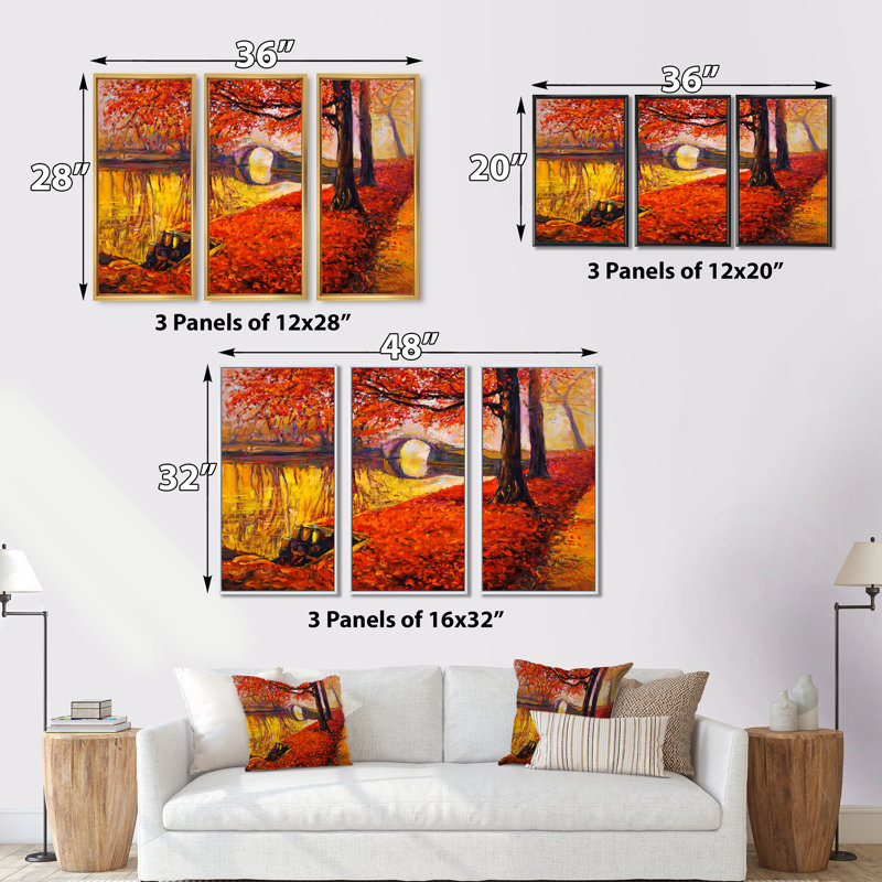 «Little Bridge In Orange Autumn Landscape I», peinture sur toile 3 pièces, H 28 po x l 36 po, Brun