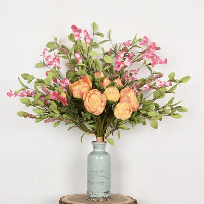 24" Artificial Spring Summer Peony Wildflower Berry Floral Arrangement In Vase, Farmhouse Greenery Foliage Branch Long Stem Floral Bulk Bouquet For Wedding Party Home Office Table Centerpiece Shelf Decorations