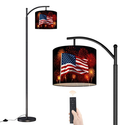 Lampe sur pied à arc avec abat-jour réglable Drapeau américain avec feux d'artifice flottant Célébration Jour de l'Independence Lampe sur pied 3 températures de couleur à intensité variable avec poteau pour interrupteur au pied de la chambre à coucher
