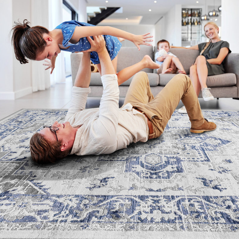 Area Rug, Collection Blue / Grey / Oriental Runner Rug, Rectangle 6'7" x 7'9"