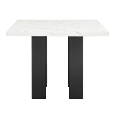 Table de salle à manger à hauteur de comptoir de style contemporain, comptoir en faux marbre, pieds en bois noir, espace polyvalent élégant à hauteur de comptoir
