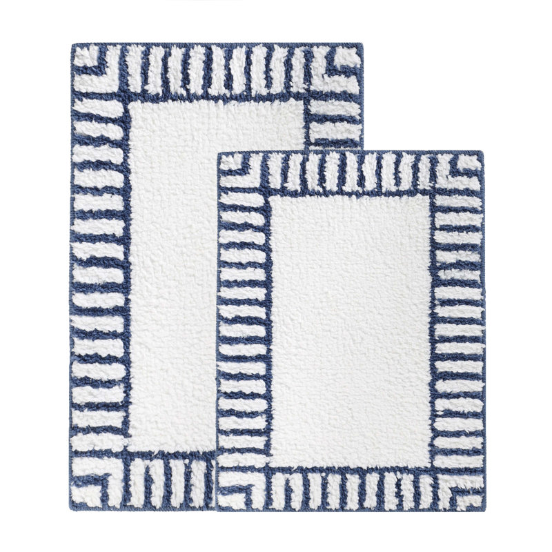 Inaya Modern Striped Plush Tufted Shag Machine Washable 2 Piece Bathroom Rug Set, LARGE- 2 Piece Set, White/Navy