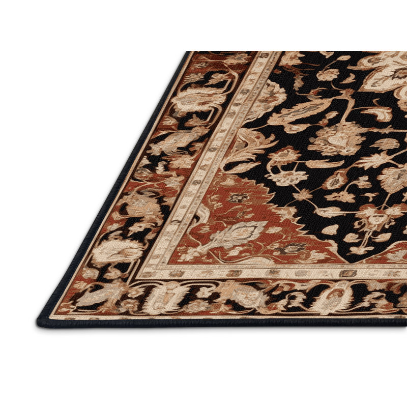Tapis persan noir lavable à la machine, Rond 8 pi