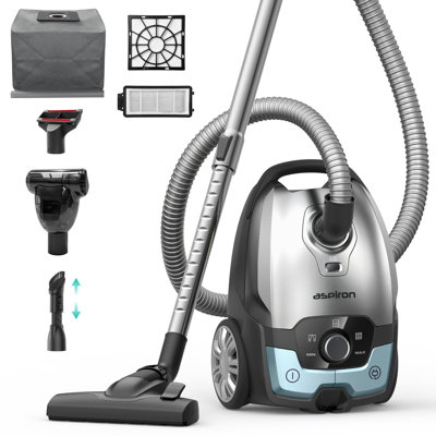 Aspirateur traîneau 1700W, aspirateur à sac puissant de 45 KPA avec grand sac à poussière remplaçable de 5 L, rembobinage automatique du filtre et filtre HEPA, aspirateur léger adapté aux poils d'animaux pour les planchers durs, tapis à poils courts, fissures et intérieurs de voiture