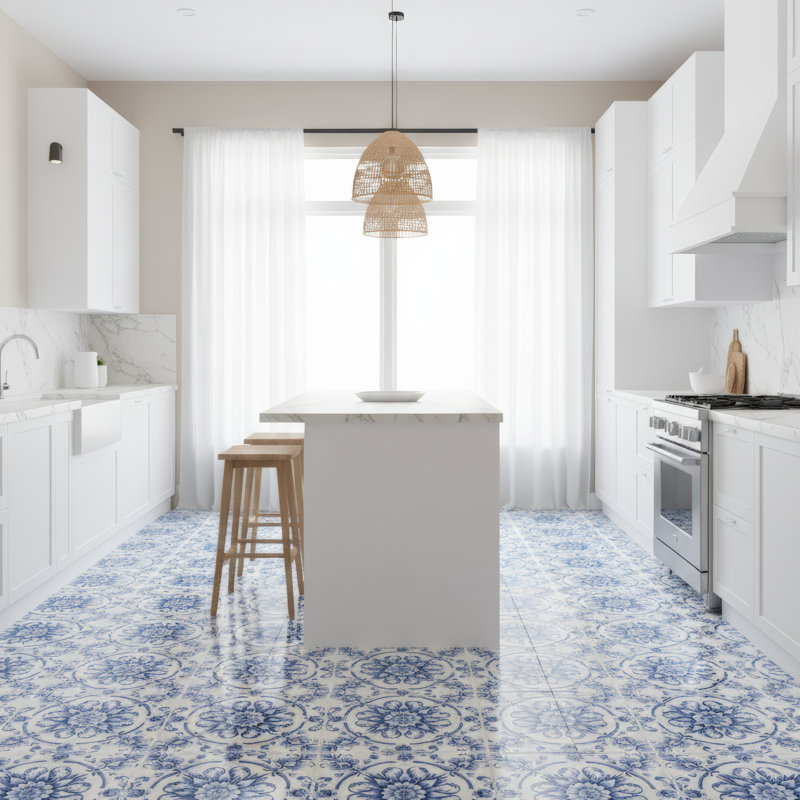 Carrelage en marbre gravé Florentina-Blue, Blanc / Bleu