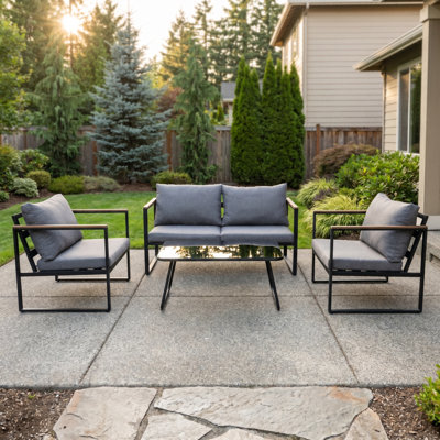 4-Piece Modern Outdoor Conversation Set with Glass Table & Weather-Resistant Cushions