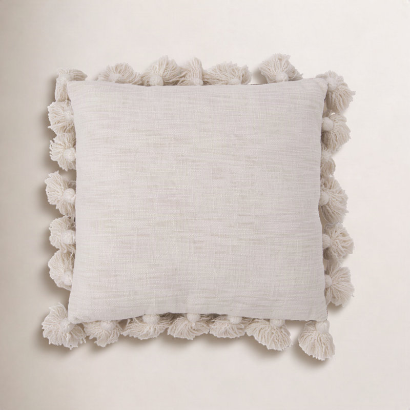 Woven Cotton Slub Pillow with Tassels, Cream