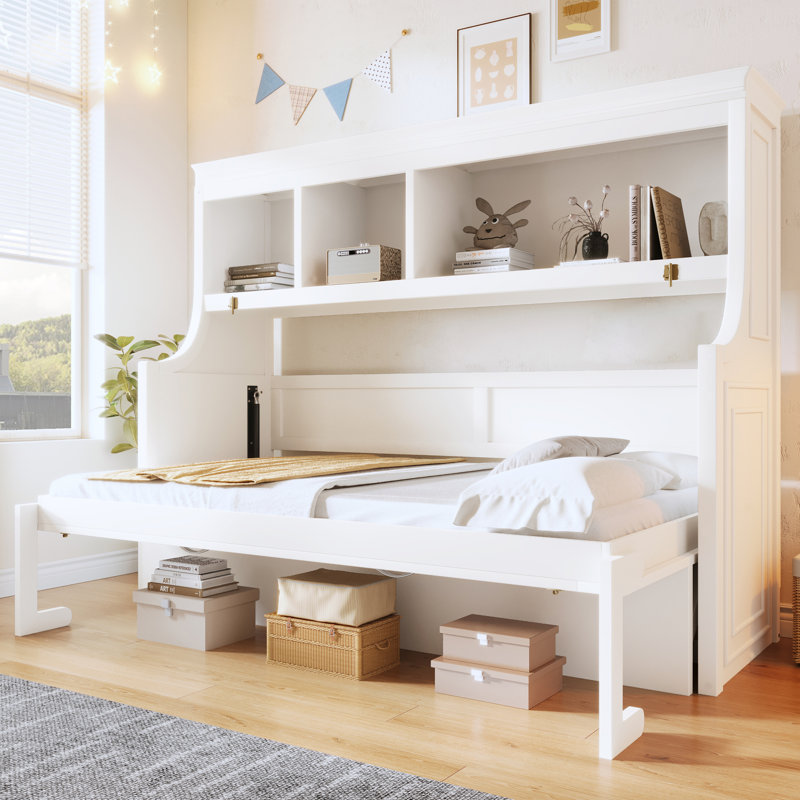 Lit escamotable simple, bureau intégré et tablettes de rangement, conception peu encombrante, maison de campagne moderne, pièce multifonctionnelle