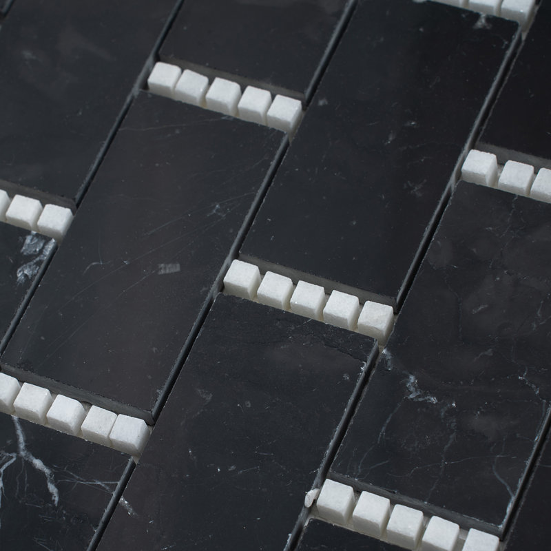 Noir Luxe 12 x 13 Eastern Black, Thassos Marble Mosaic Brick Tile (5.28 Sq Ft/Case) - 5 Pack
