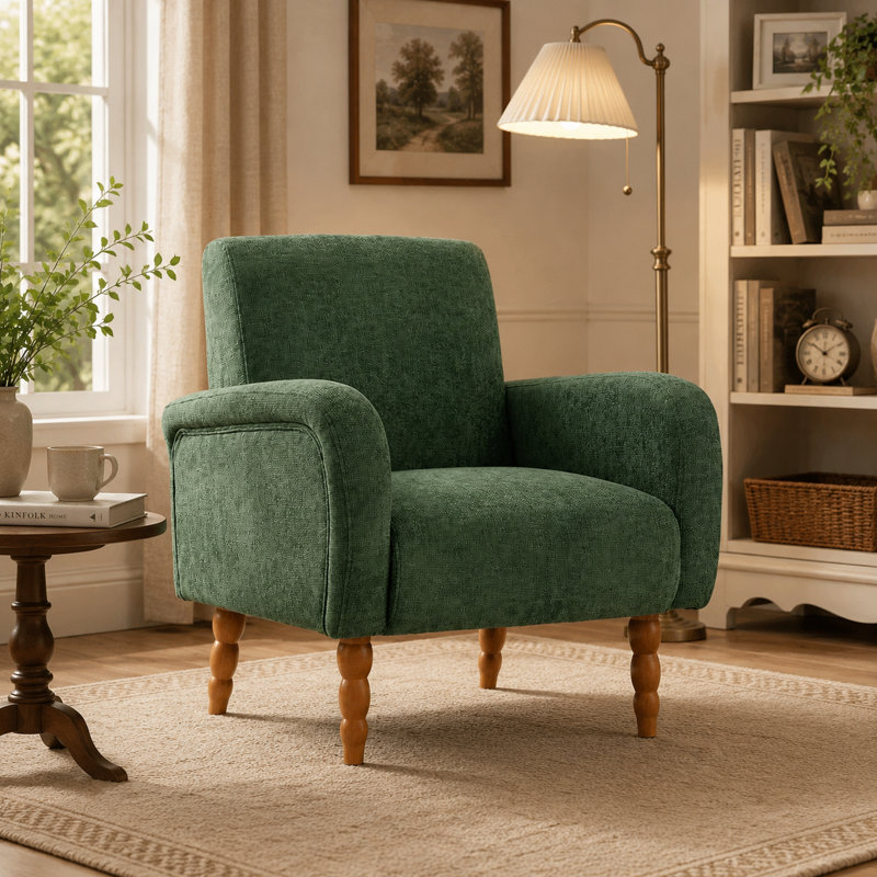Upholstered Accent Armchair with Turned Solid Wood Legs, Green