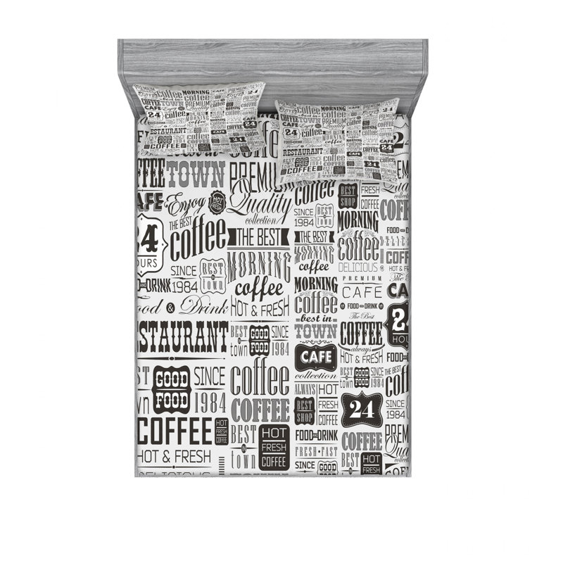 Ensemble de literie à café et textes rétro, Ensemble de drap pour grand lit avec drap-housse