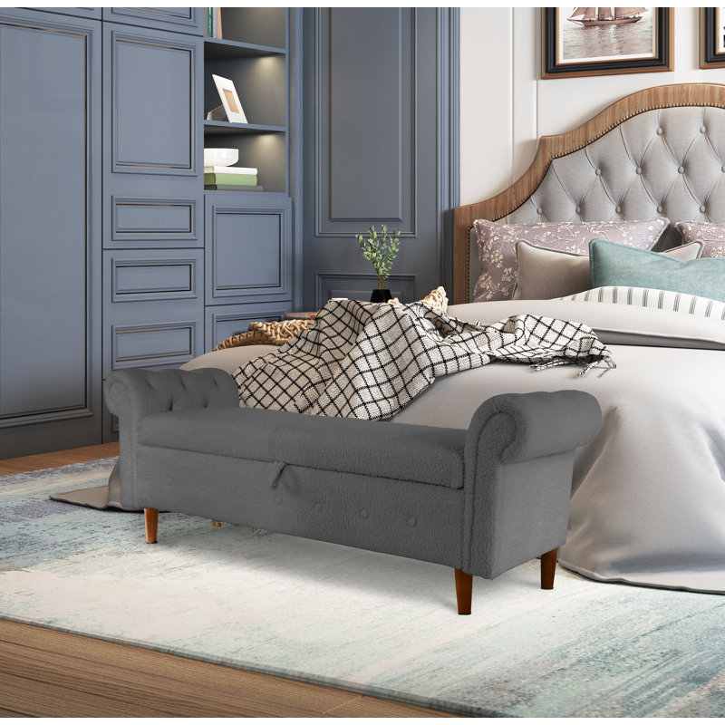 Teddy Fabric Upholstered Storage Bench, Gray Teddy Fabric